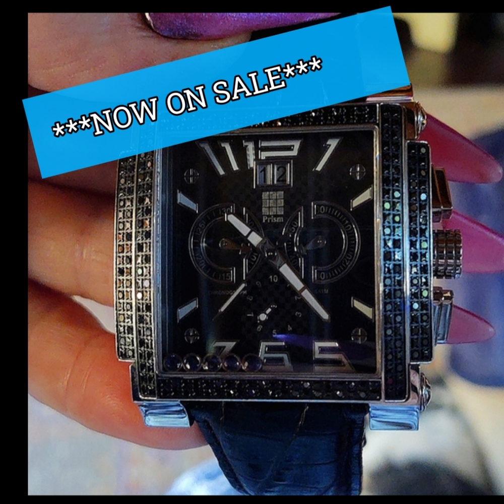 Men's large Prism stainless  chronograph watch.  Black diamonds and sapphires.